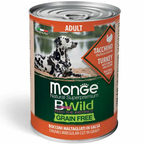 MONGE DOG BWILD CHUNKIES TURKEY suņu konservi Tītars mērcē 400g